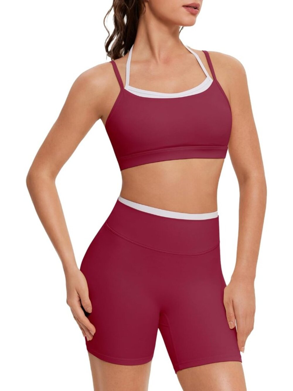 Women's Burgundy Doubel Layer Open Back Activewear Sports Bra & Gym Shorts Sets
